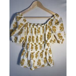 NFC Floral Puff Sleeve Peplum Blouse Women’s M White Mustard Cotton Cottagecore